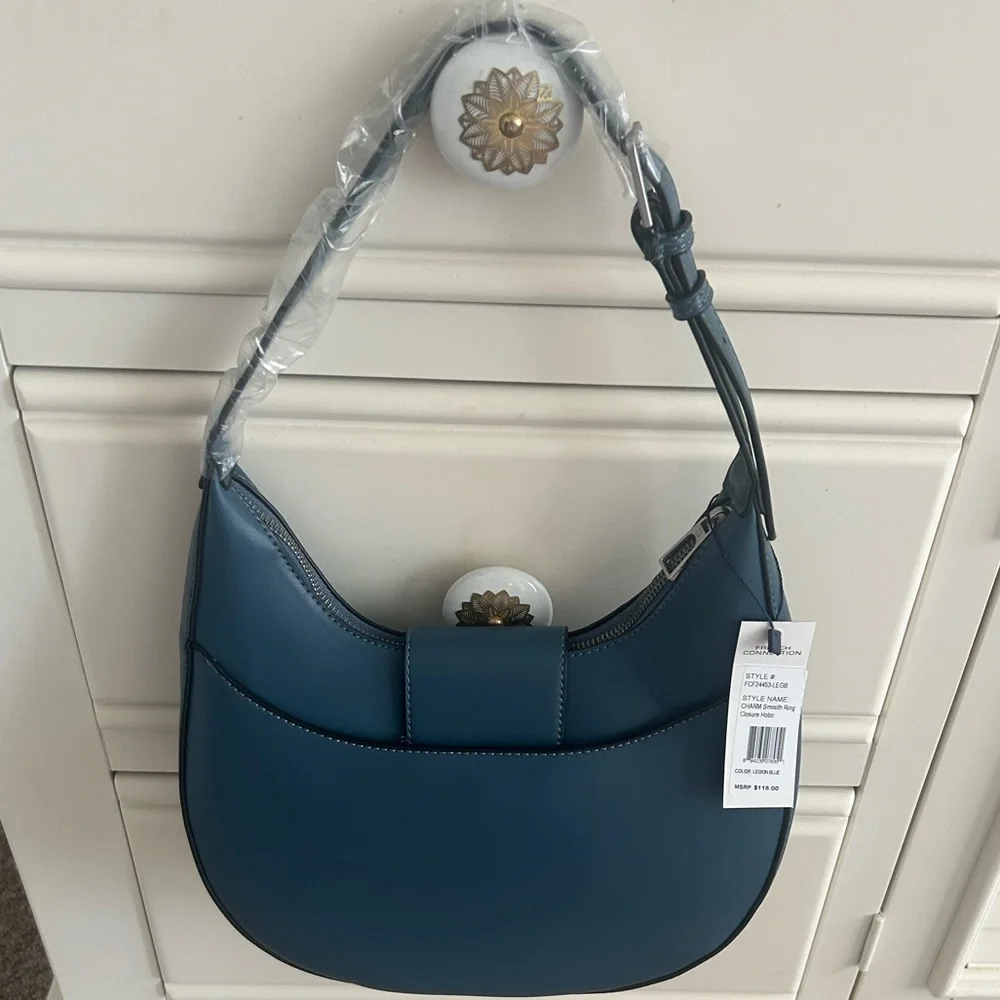 NWT FRENCH CONNECTION Smooth Ring Closure Shoulder Hobo Bag Legion Blue